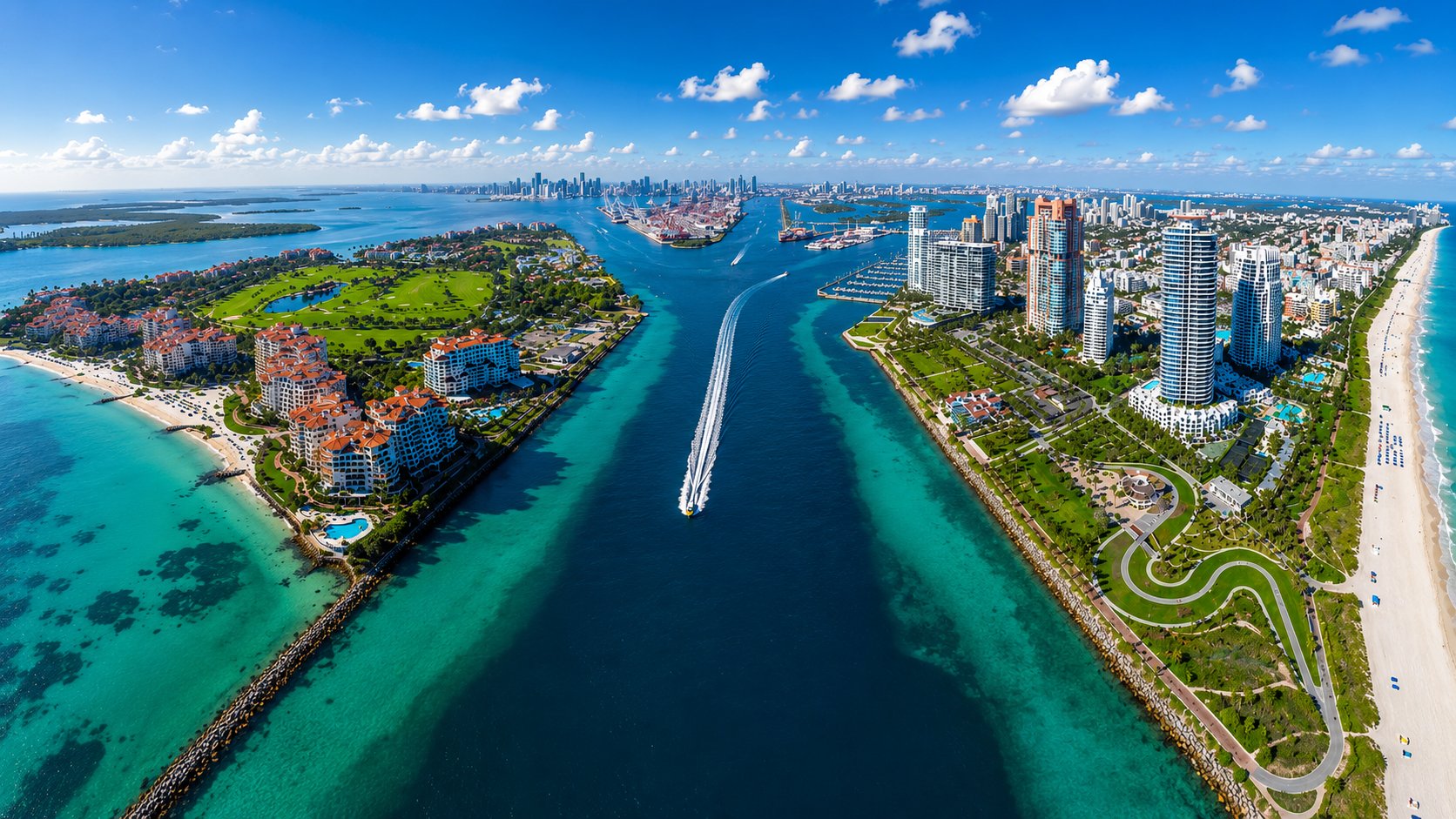 Aerial view of Miami South Beach and Fisher Island skyline